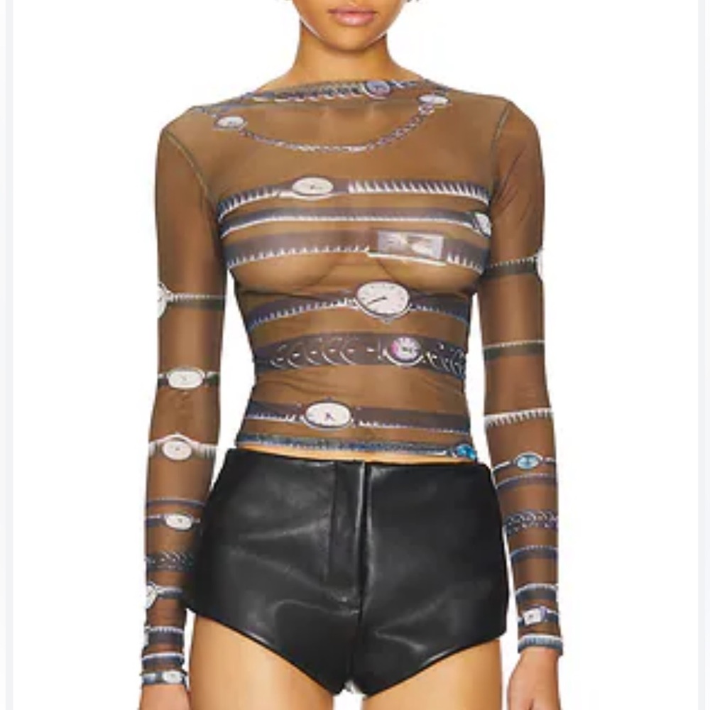 REVOLVE Sheer Watch-Print Long Sleeve Top in Brown and Black